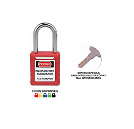Cadeado com haste em aço e corpo em plástico leve, não condutivo e resistente a fagulhas. Equipado com cilindro de 6 pinos resistente à adulteração e chave que só sai após a haste ser fechada. Resistente a temperaturas de -20°C a 120°C, atende às normas OSHA e NR10. Ideal para bloqueios de energia em manutenções gerais e elétricas.