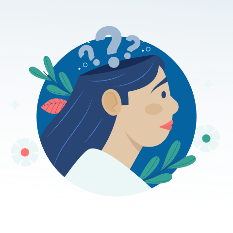 Woman with question marks, considering ideas. FAQs: What are you thinking about?