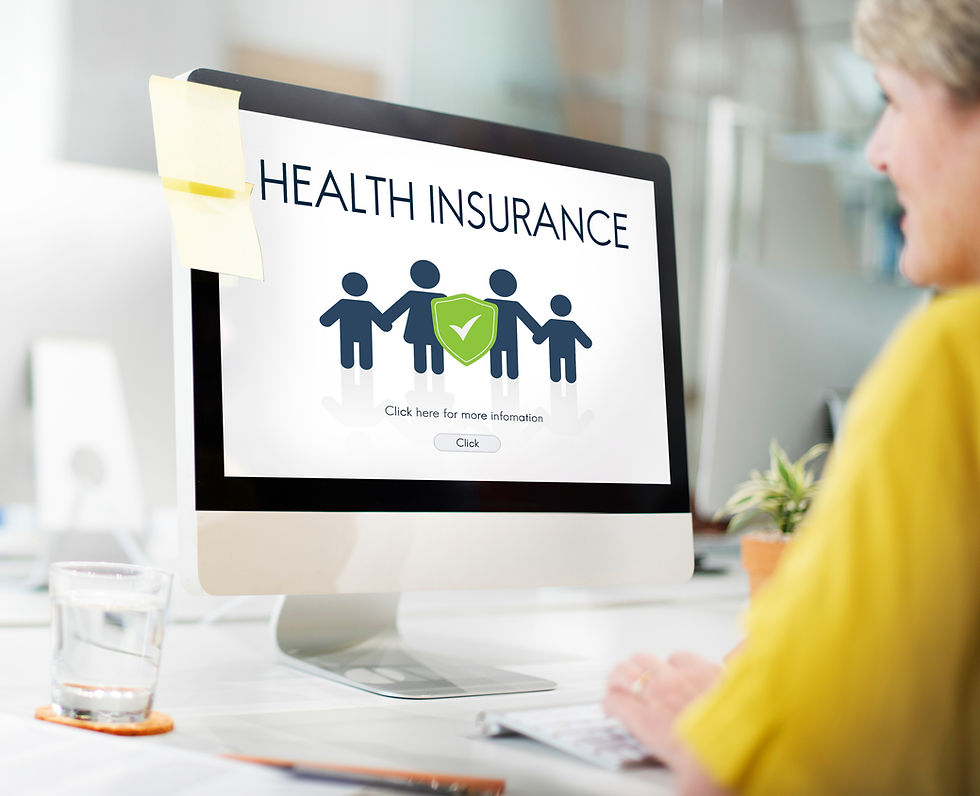 Woman using computer, Health Insurance displayed, family icon, shield, healthcare coverage.