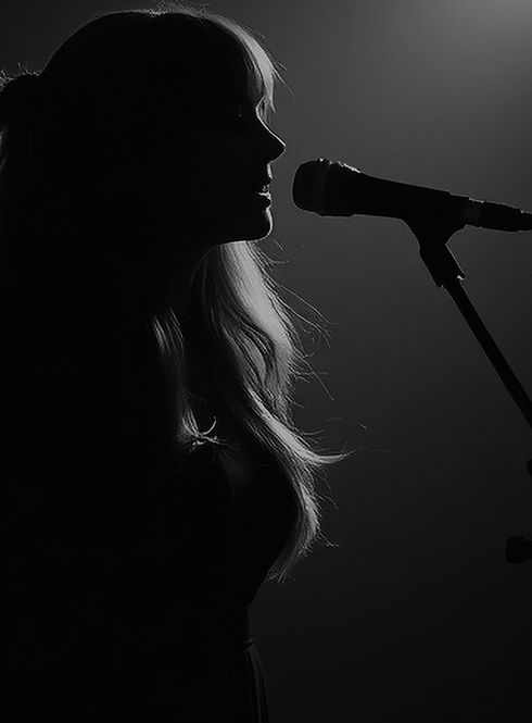 dark themed with a man (silhoutee) playing a guitar in a studio and a woman (silhoutte) si