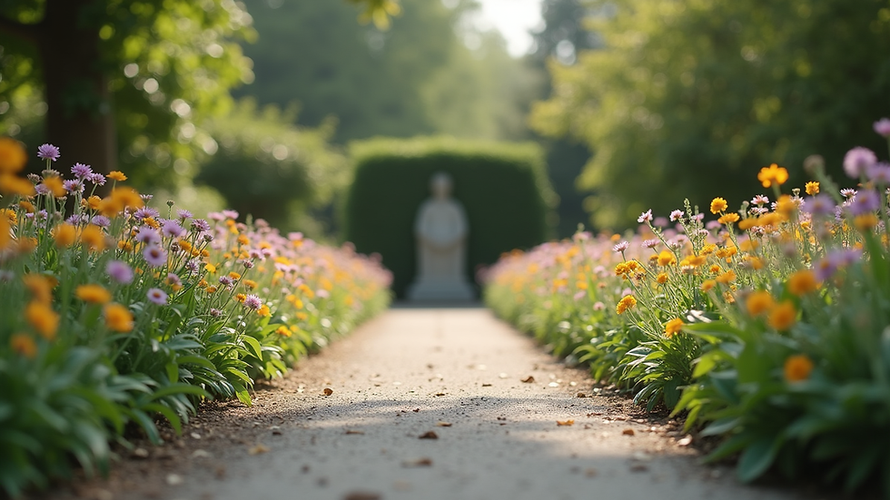 Eye-level view of a peaceful pet crematorium garden with flowers