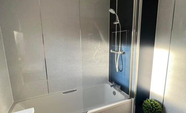 Modern grey bathroom with walk in shower
