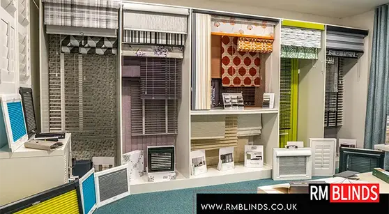A wall of blinds displayed in the showroom