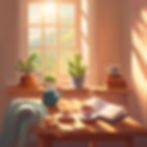 A cozy, slightly messy space with a warm cup of tea on a table, a soft blanket, and sunlight streaming through the window, representing a moment of imperfection and play in balance with work, sleep, diet, and exercise.