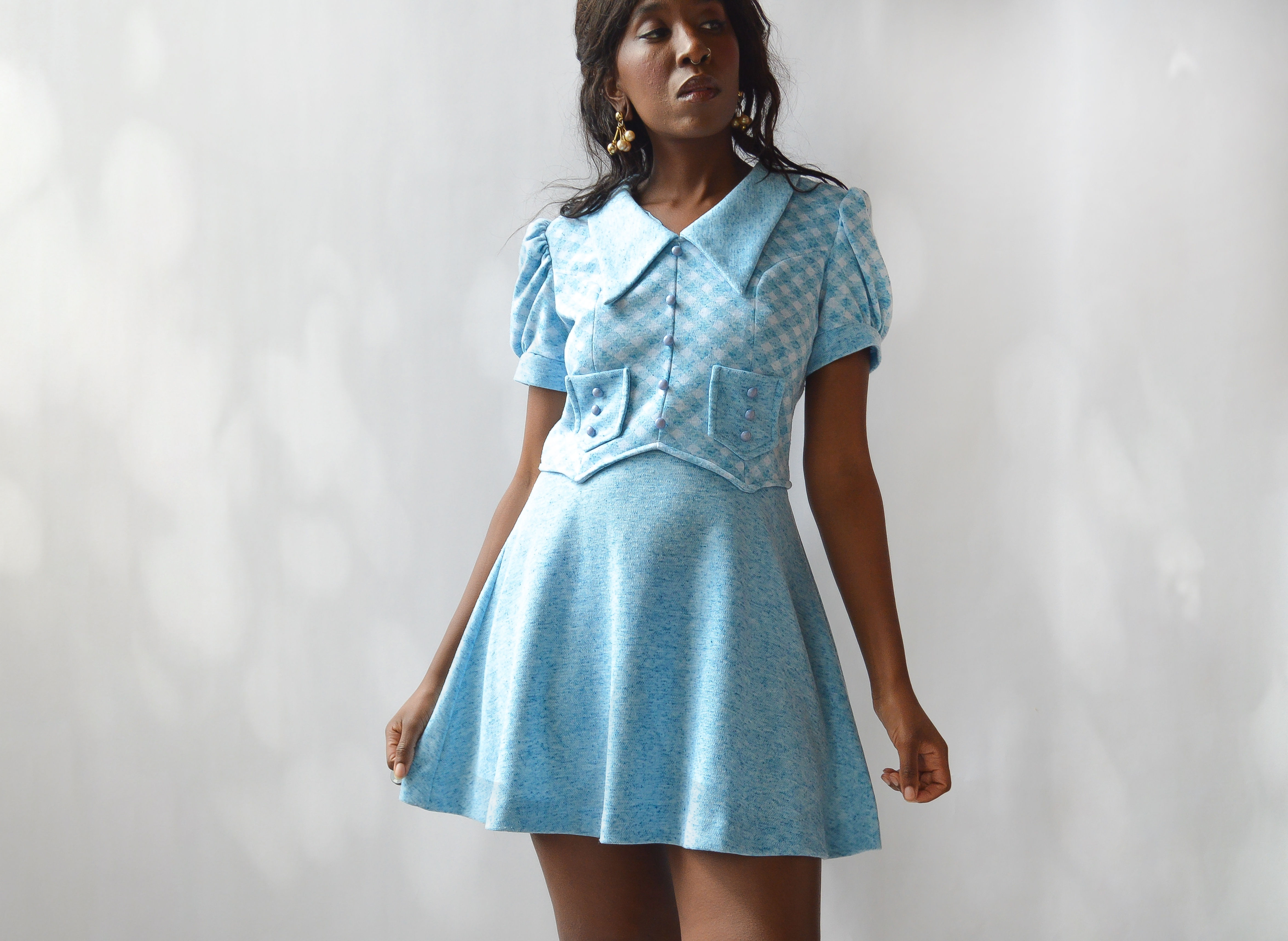 Vintage 70's Sapphire Gingham Knitted Dress (s)