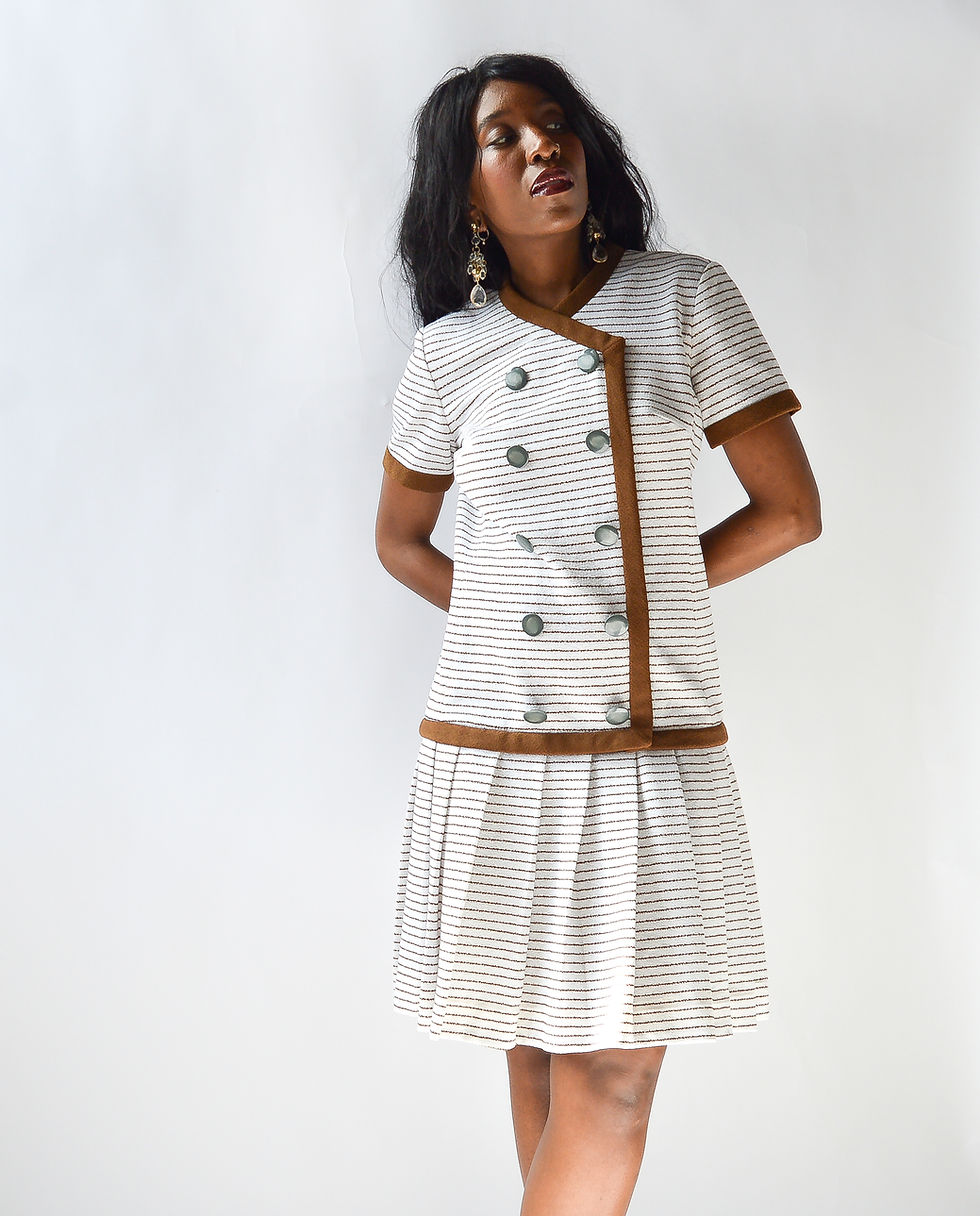 Thumbnail: Vintage 70’s Structured Textured Striped Drop Waisted Dress (s)