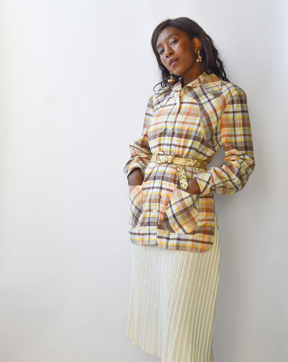 Thumbnail: Vintage 70's Coraline Cocoa and Citrus Plaid Top (s-m)
