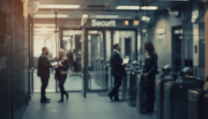 Realistic professional photograph of corporate security checkpoint with soft focus and blu