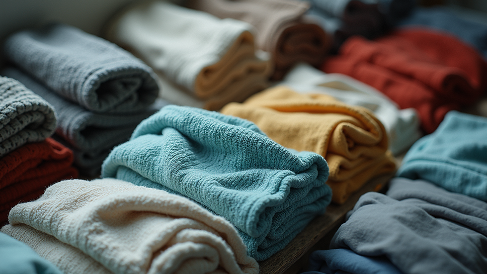High angle view of neatly sorted laundry by color