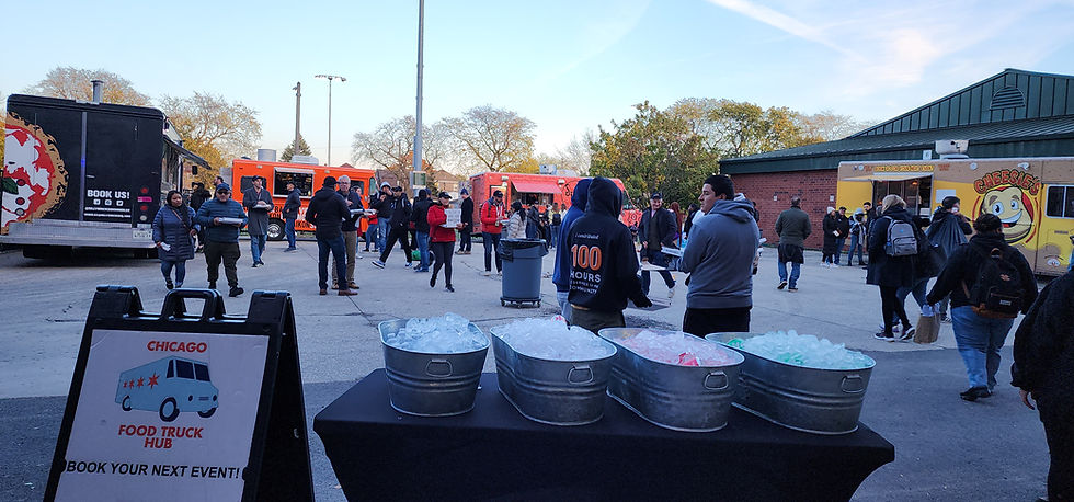 Multiple food trucks at a Chicago Food Truck Hub event showing a full-service graduation party catering setup