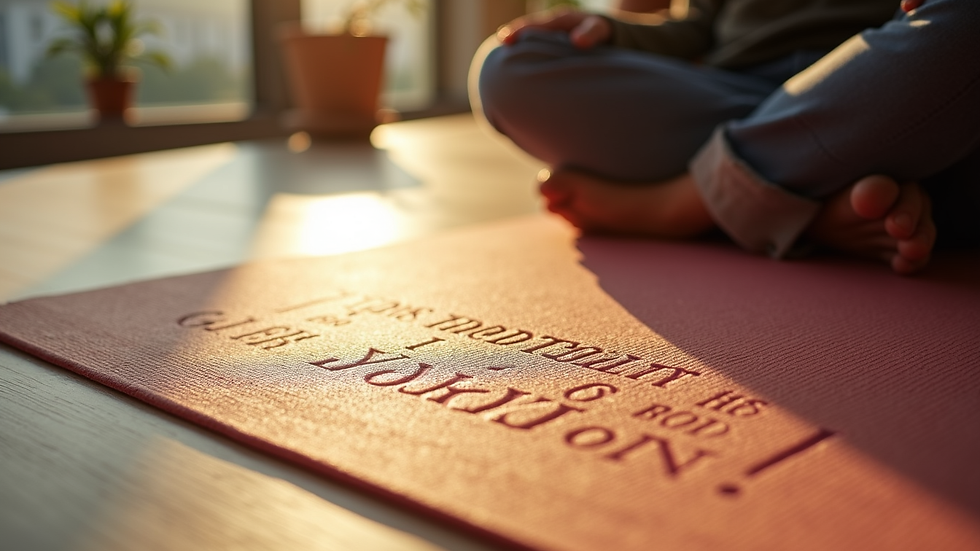 Close-up view of a yoga mat with scripture printed on it