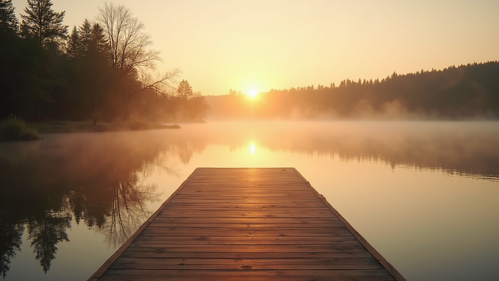 Wide angle view of a quiet lakeside yoga platform at sunrise