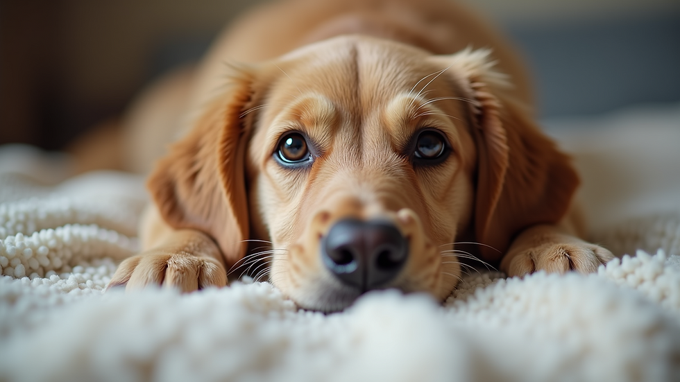 Eye-level view of a therapy dog lying on a soft blanket