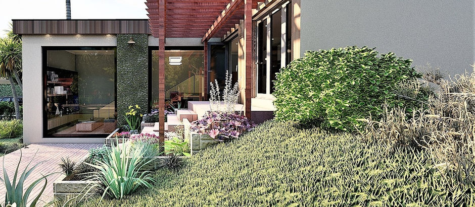 Modern garden design featuring a covered patio with lush planting and sleek architectural lines—an ideal example of outdoor living that blends form, function, and planning-conscious design.