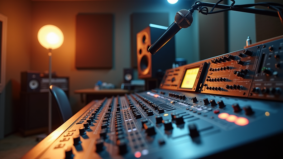 eye-level view of a modern music studio with mixing console and microphones