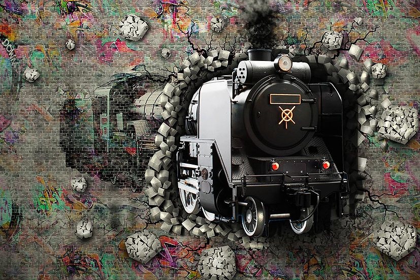 3 Boyutlu Cafe İçi Tren Duvar Kağıdı Dokulu Duvar Kıran Tren Duvar