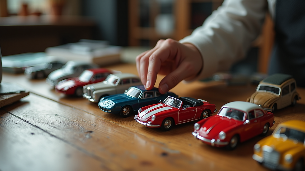 High angle view of a collector arranging diecast cars on a wooden table