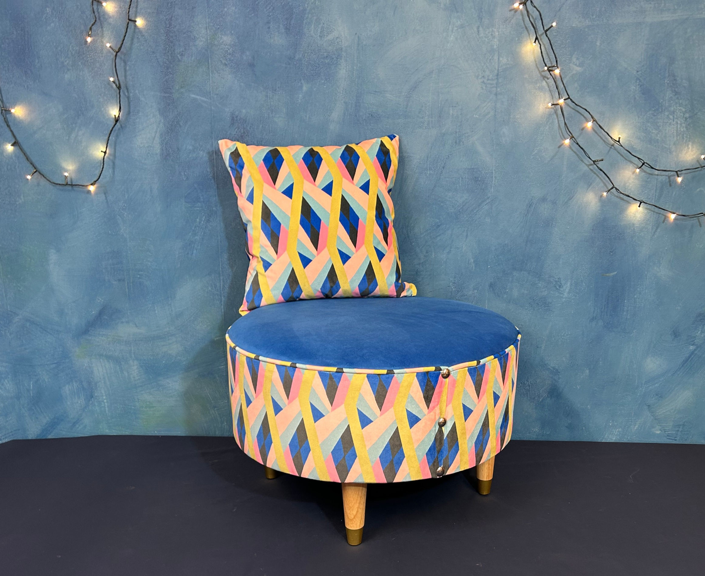 geometric footstool and cushion colours of blue pink lime tourquise