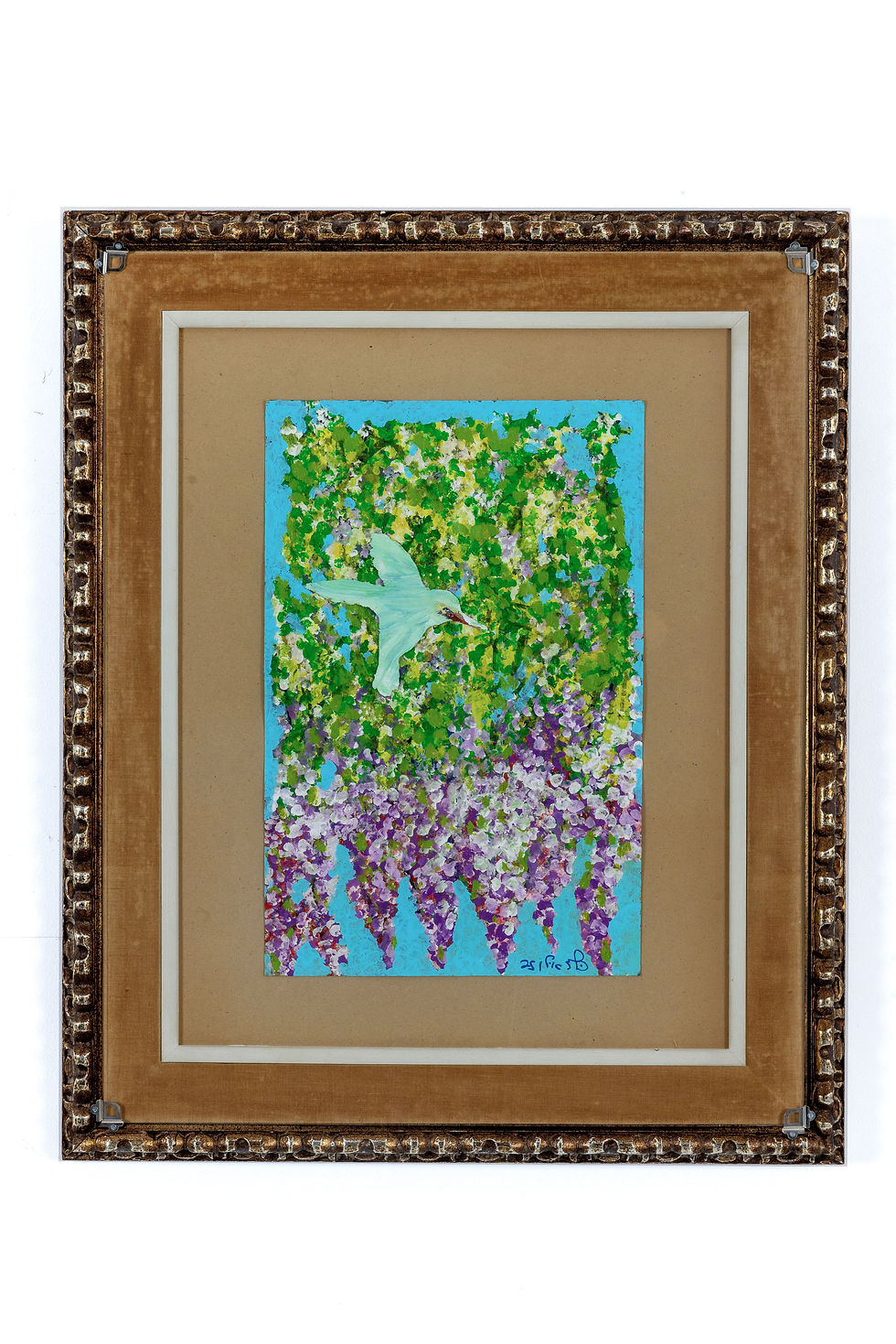 Wisterias on a blue background, a green hummingbird