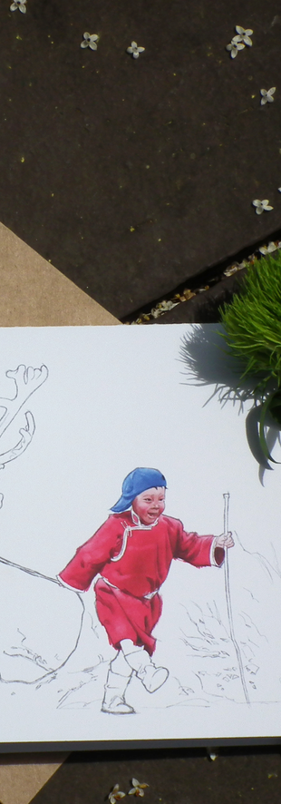 gift card of mongolian tribe's boy leading a reindeer