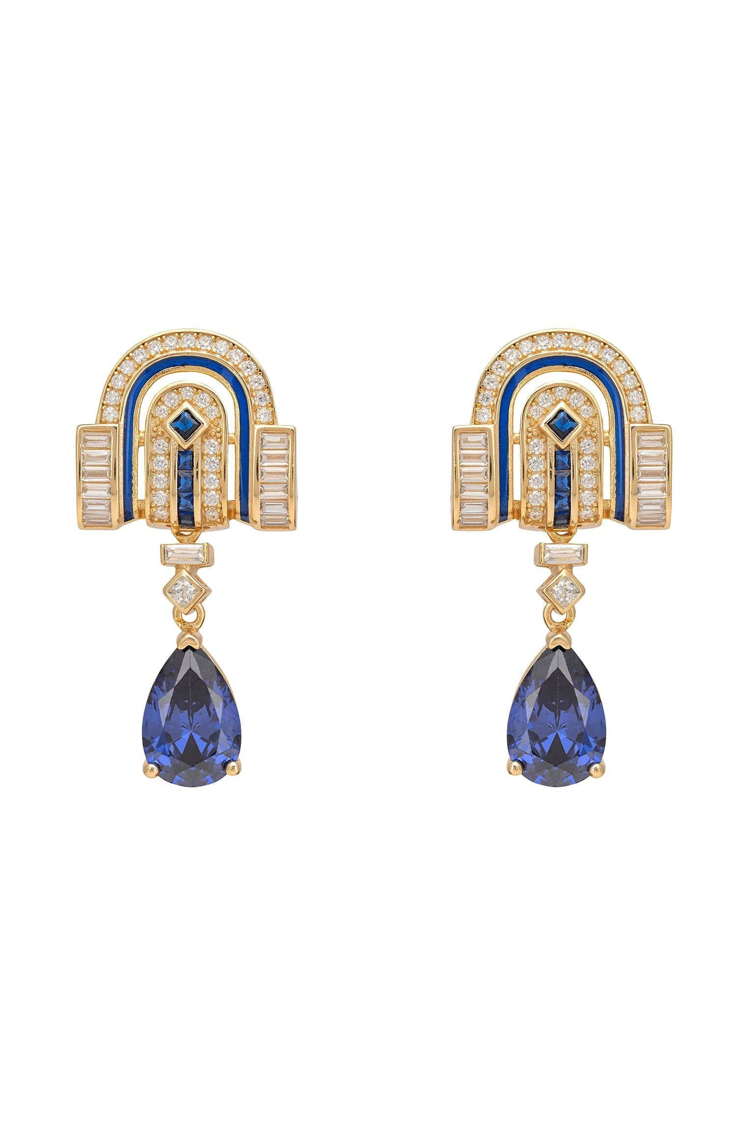 Savoy Art Deco Drop Earrings Sapphire Gold