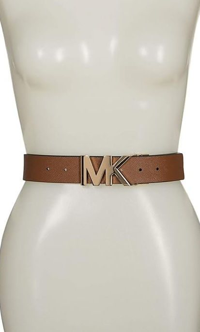 Thumbnail: Michael Kors Black/Tan Leather Reversible MK Logo Plaque Buckle Belt Size Medium