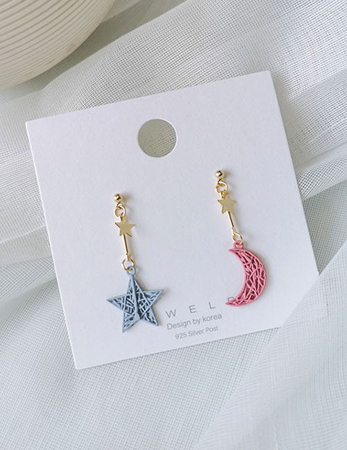Pink and Blue Woven Texture Stars Moon Earrings