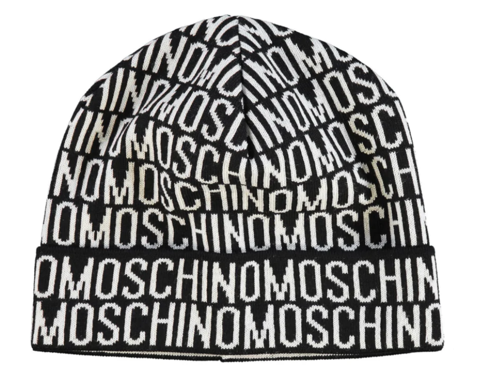 MOSCHINO Black & White Wool Blend Logo Beanie