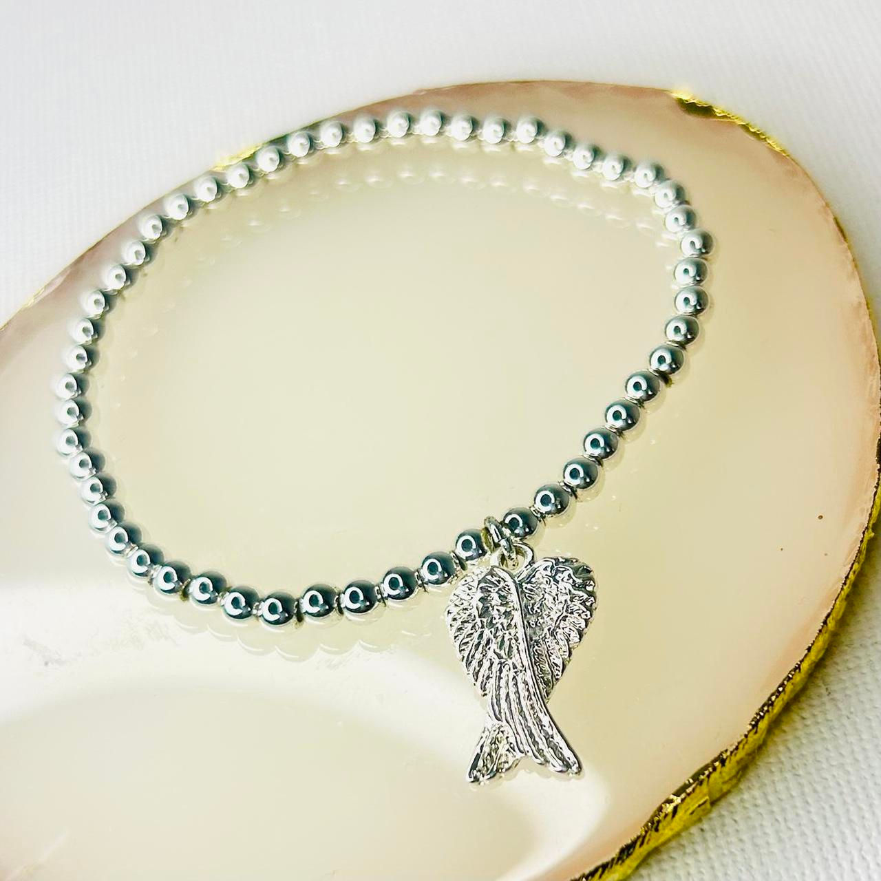 Chic Silver Plated Beaded Stretch Bracelet with Wing Charm