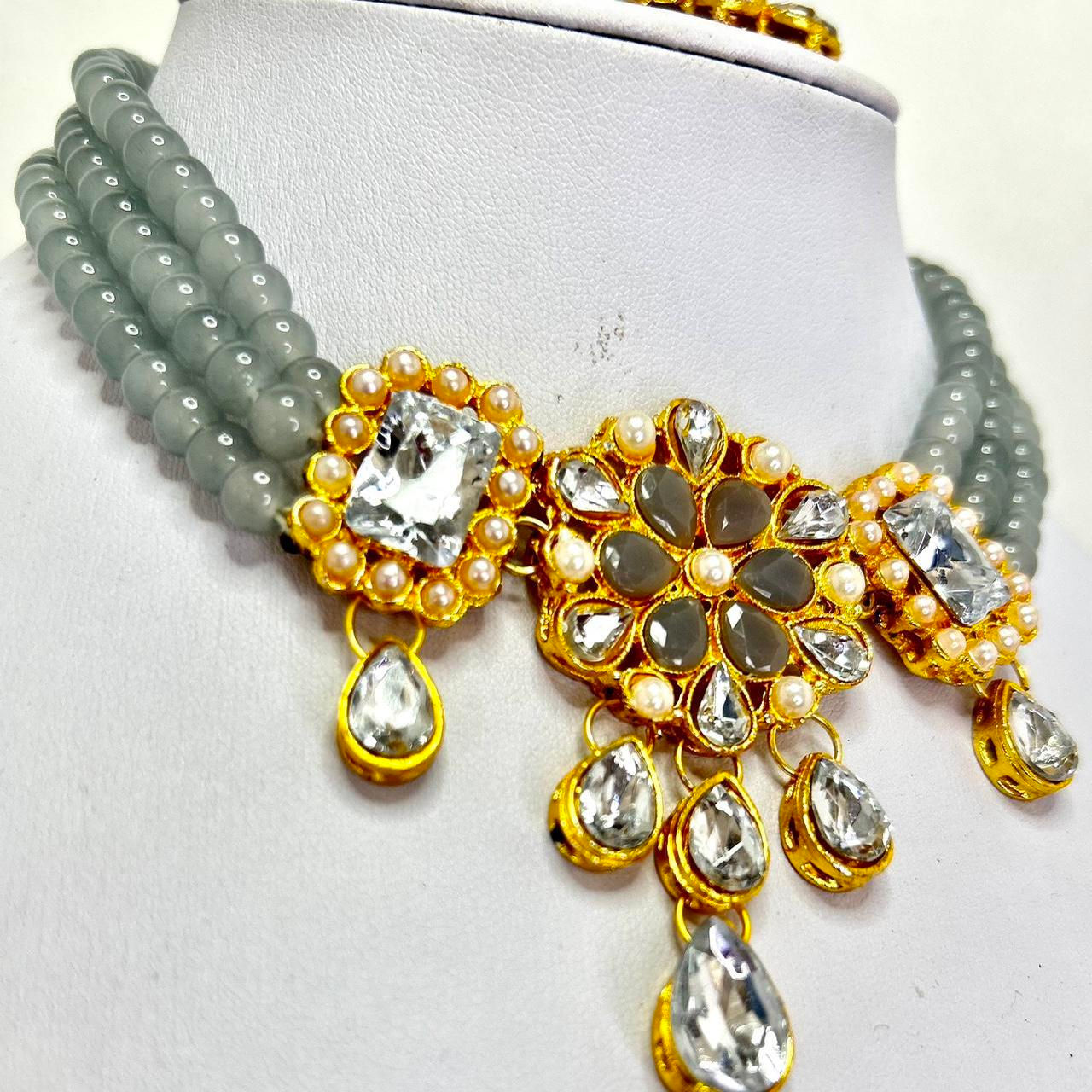 Gold Beaded Choker Necklace Earrings and Tika Set