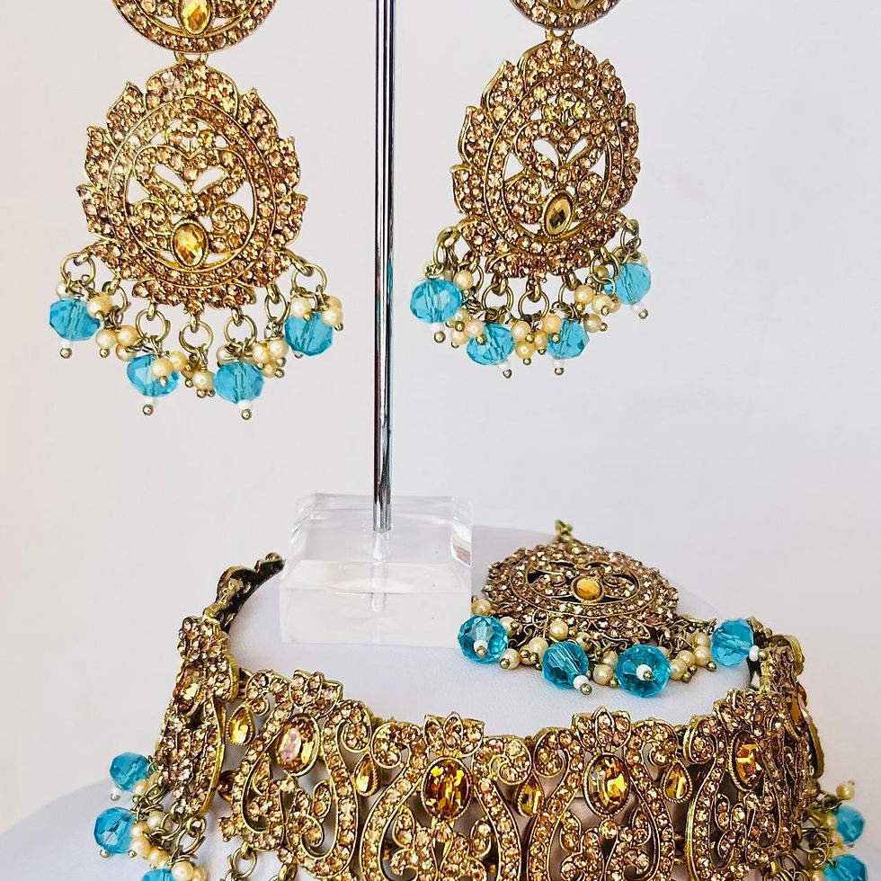 Thumbnail: Bronze and Light Blue Stone Choker Necklace Set