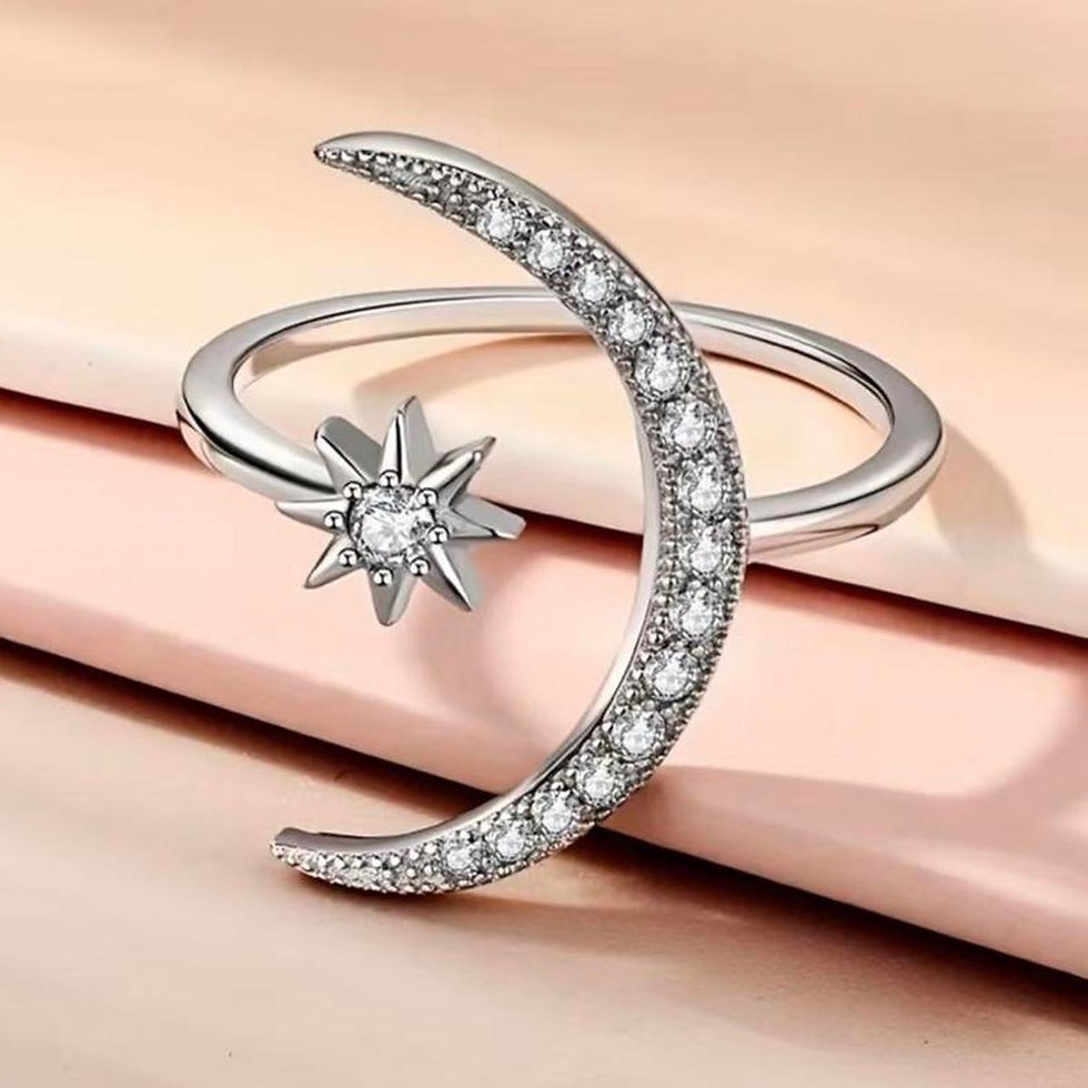 Thumbnail: Sterling Silver Cuff Ring Moon Star Design Paved Shining Cubic Zirconia Ring