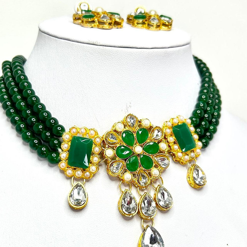 Thumbnail: Gold Beaded Choker Necklace Earrings and Tika Set