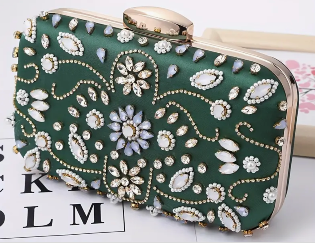 Green Floral Rhinestones Bead Embroidery Evening Bag