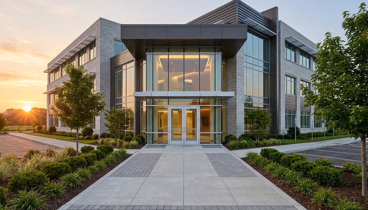 Wide-angle view of a clean commercial building entrance at sunrise