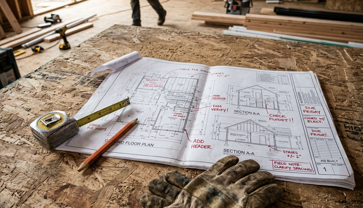 Close-up view of marked construction drawings resting on plywood near measuring tools.