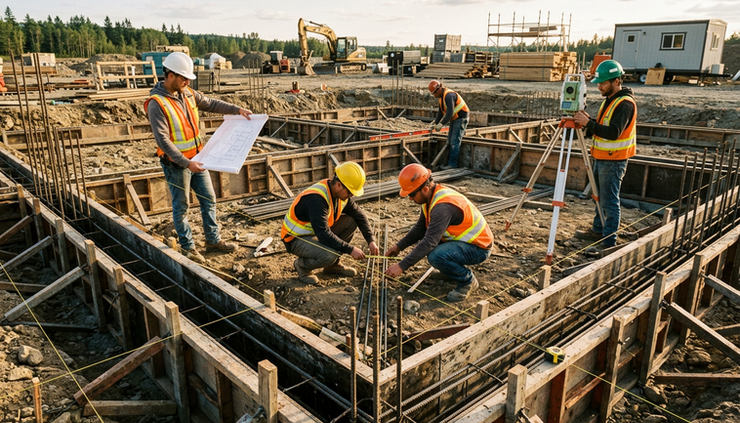 Low-angle view of a foundation crew setting forms and checking layout lines.