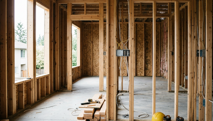 Eye-level view of a partially built interior with exposed framing and rough openings.