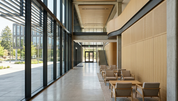 Eye-level view of a welcoming building lobby with natural light and simple seating