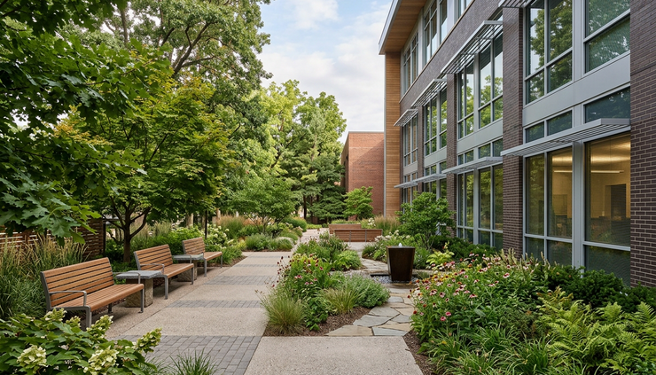 Wide-angle view of a quiet employee courtyard beside a commercial building