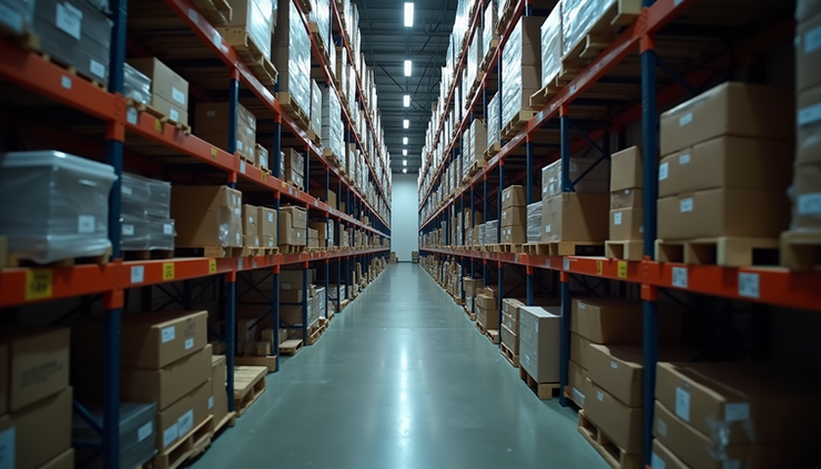 High angle view of warehouse aisle showing uneven lighting and shadowed rack sections