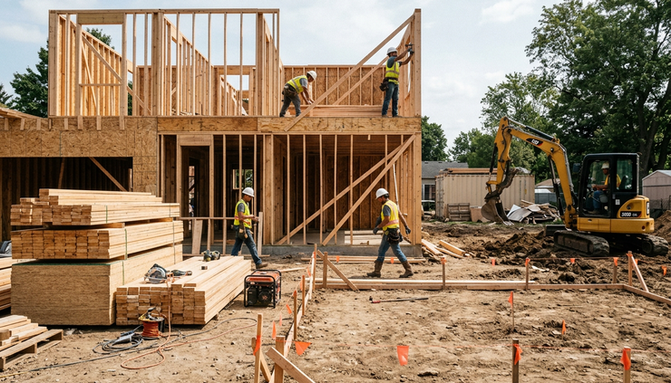 Wide-angle view of a building site with framing, layout stakes, and construction materials.