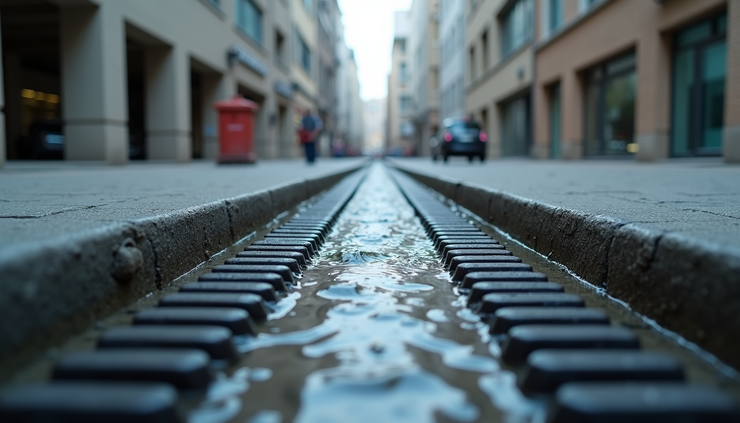 Eye-level view of a commercial site showing a well-designed drainage system with visible channels and grates