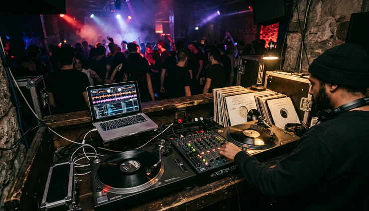 Wide-angle view of a dim underground club booth with turntables and a glowing waveform screen