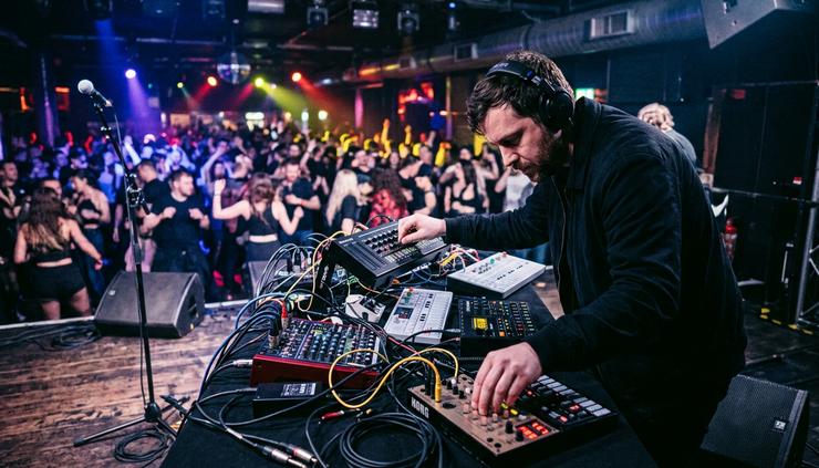 Göz hizasında bir gece kulübünde synth ekipmanı ve ışıklı dans pisti görülüyor.