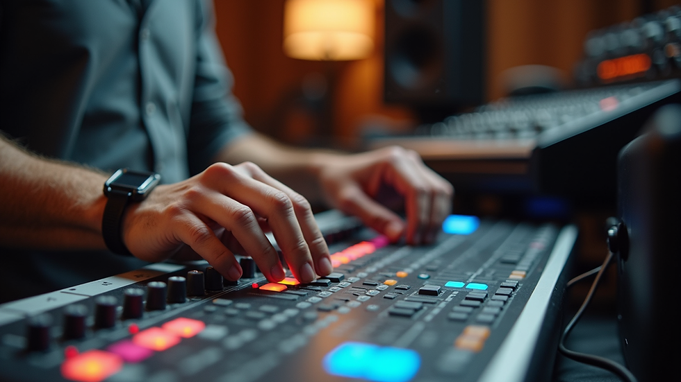 Close-up view of mixing console with sound engineer adjusting levels