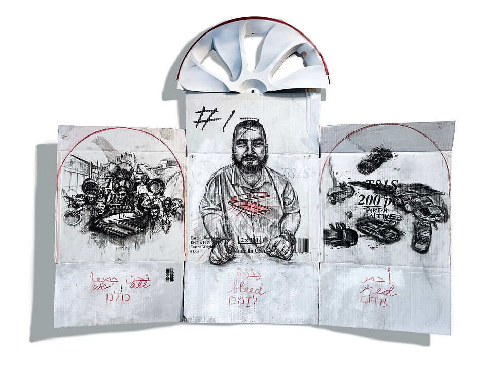 Jason Leith's portrait of Sid made from a box for food containers, opening like a triptych. Photo courtesy of Jason Leith, Sacred Streets