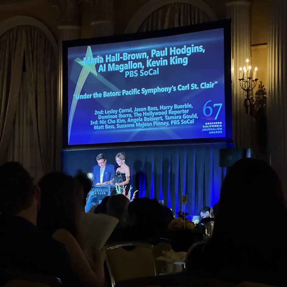 The announcement for the award for Entertainment News or Feature (Over 5 Minutes) is projected on the screen at the Southern California Journalism Awards. Photo courtesy of Maria Hall Brown