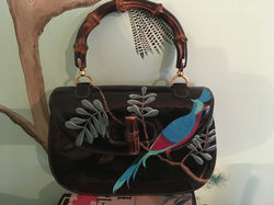 gucci classic patent leather handbag painted with chinoiserie pheasant on leafy branch