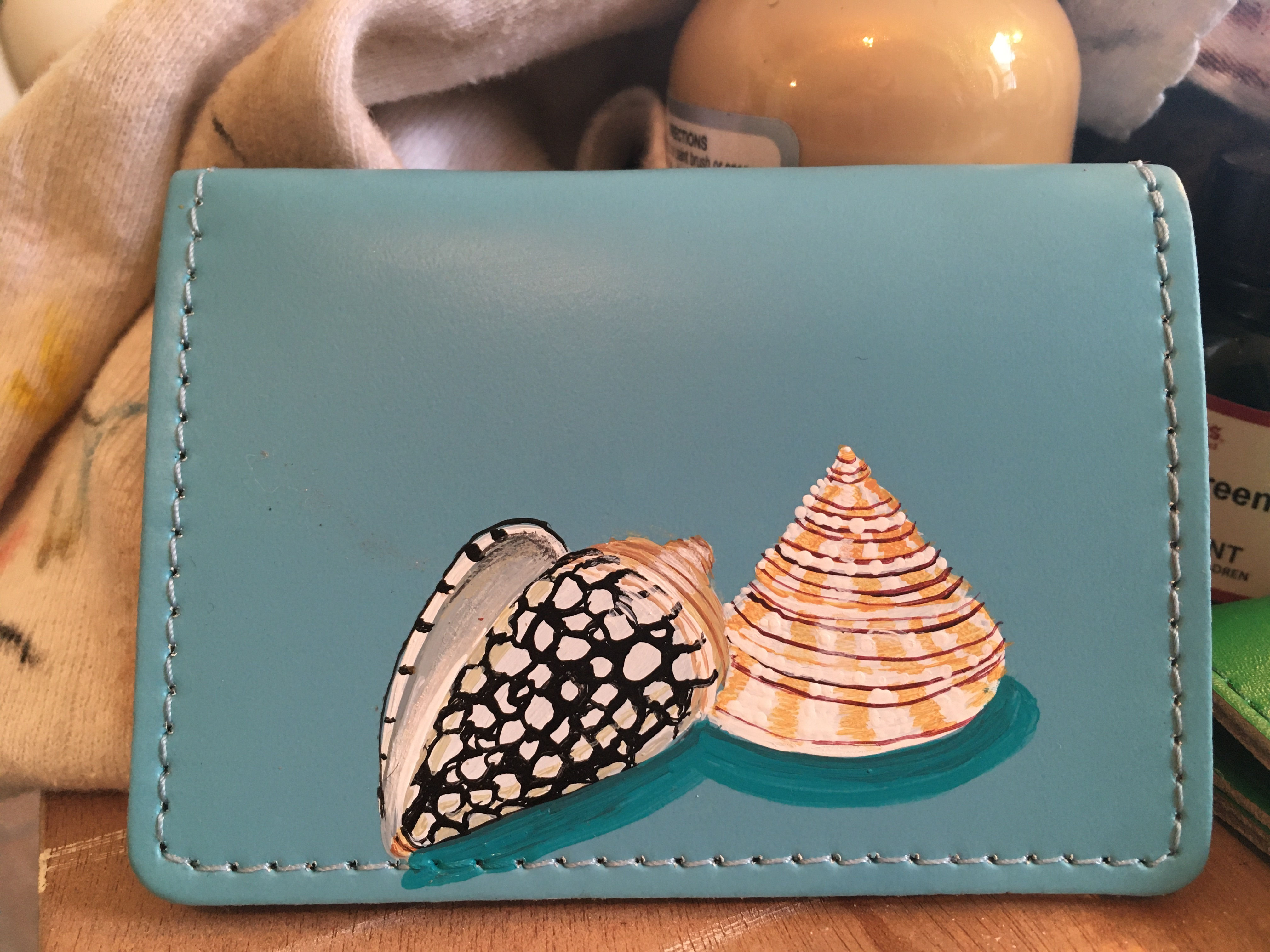 Leather card case hand painted
